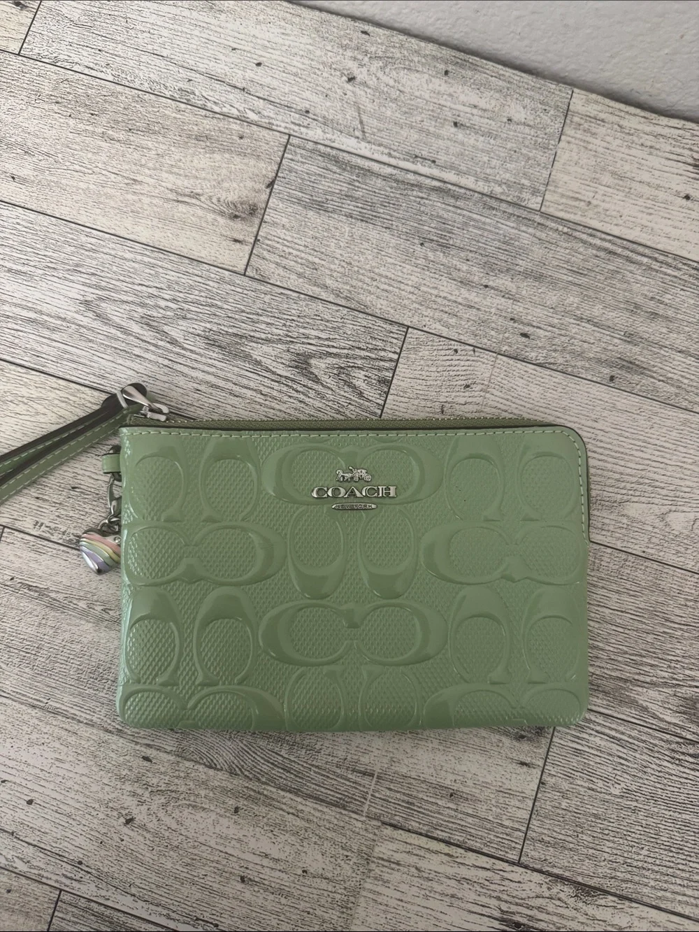 Coach Pale Green Patent Signature Zip Wristlet NWT